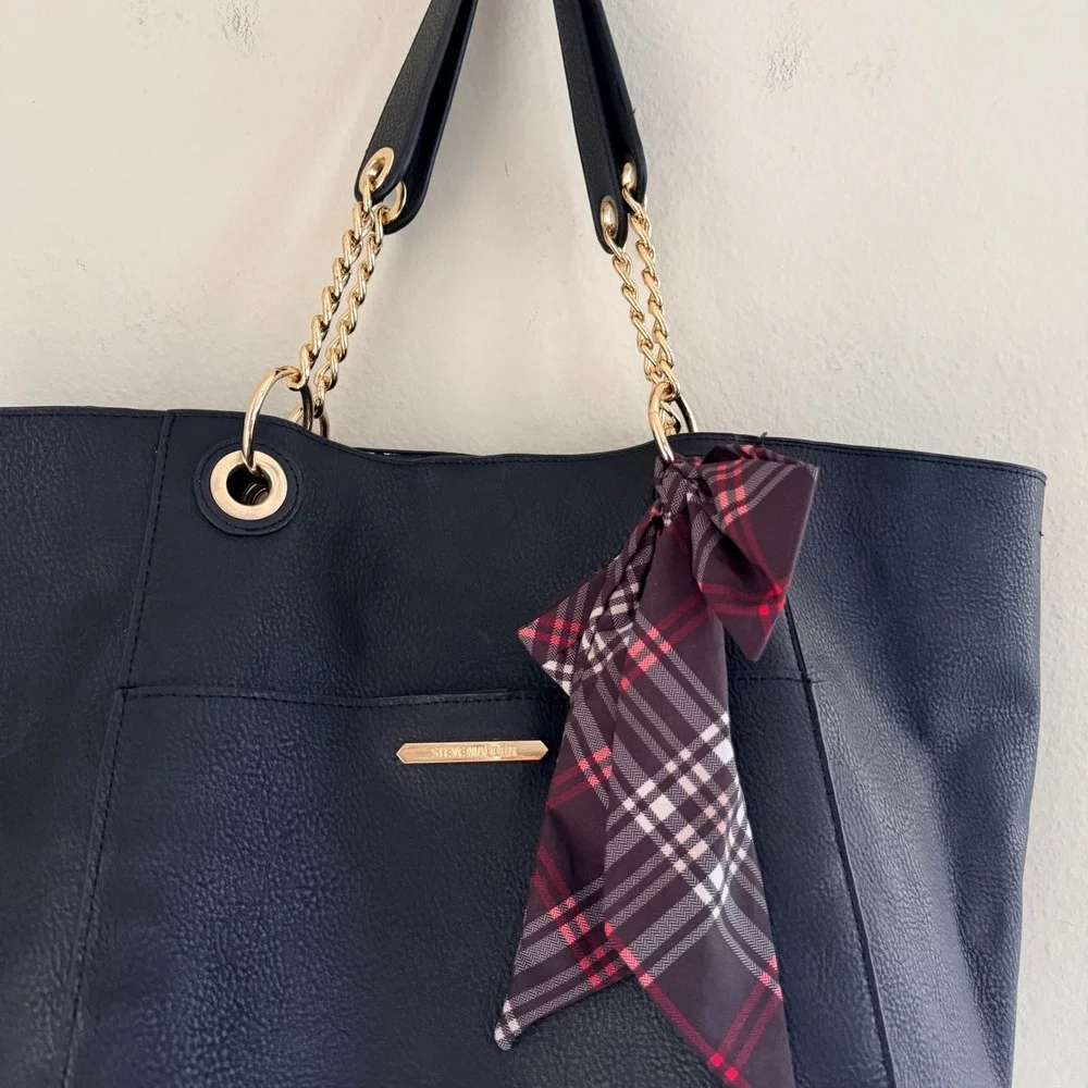 Steve Madden Black Faux Leather Tote Bag Gold Chain Straps Plaid Scarf Vegan